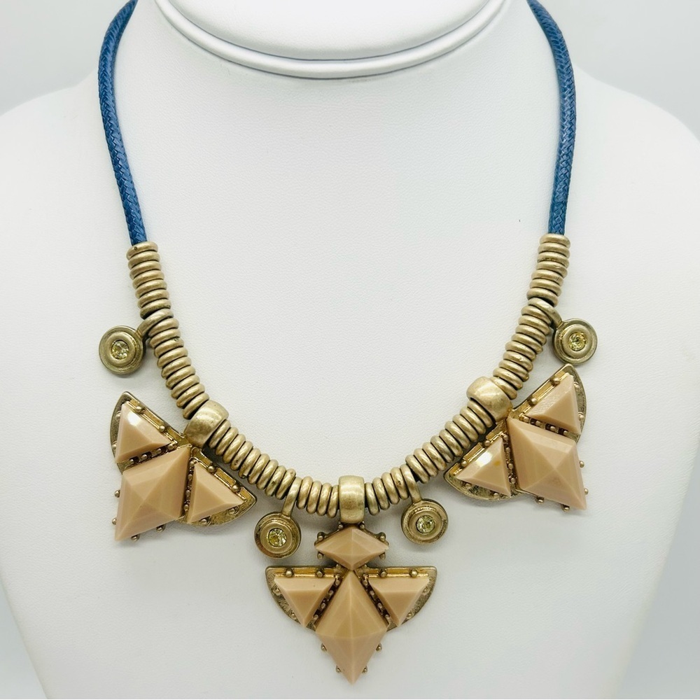 J. Crew Blue Cord with Tan & Gold Slides Necklace